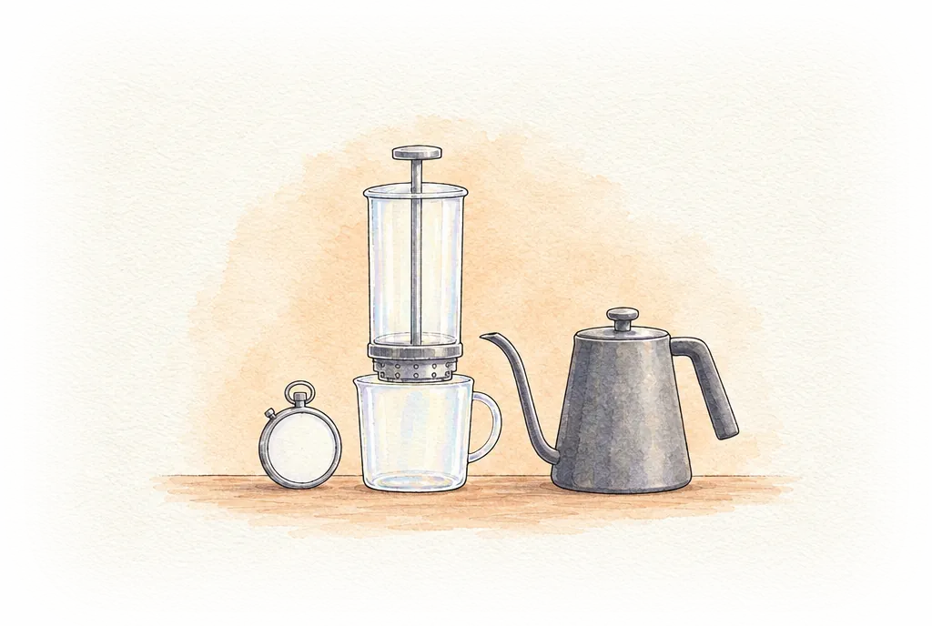 Acuarela de una cafetera de émbolo genérica sobre una taza de vidrio, junto a un hervidor de cuello de ganso y un cronómetro de cara lisa.