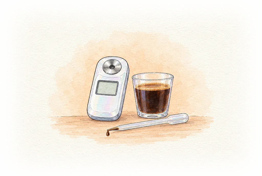 Acuarela de un refractómetro digital de bolsillo con la pantalla en blanco, junto a un vaso pequeño de café filtrado y una pipeta con una gota en la punta.